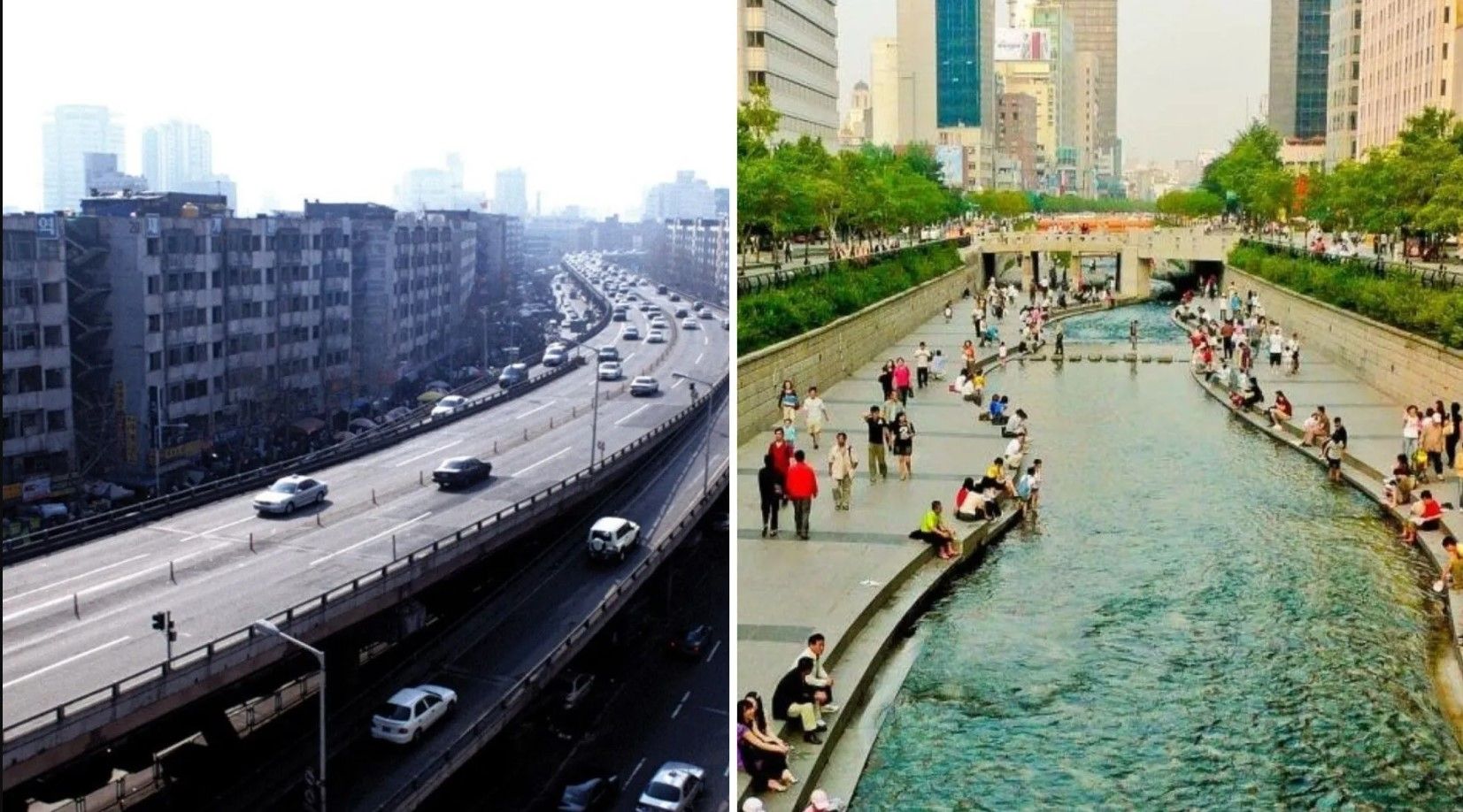O antes e depois do Cheonggaecheon Stream. Foto: L Hong TO Rtai